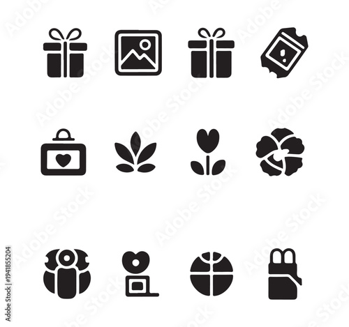 Set of twelve black silhouette icons for romance gifts celebration and holiday season