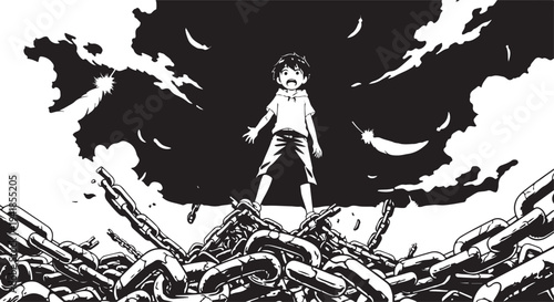 Vector illustration of a boy standing on rubble with dark smoke background