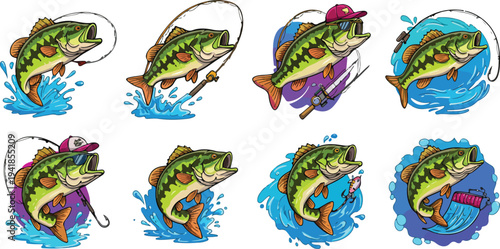 Colorful illustrations of bass jumping out of water with fishing hooks