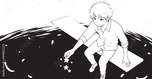 Vector illustration of a man sitting on a piece of paper with stars