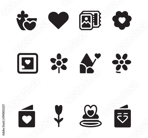 Twelve romance and valentine theme icons collection for dating and relationship concepts