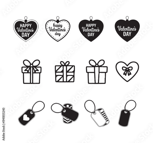 Set of fourteen black and white printable tags and labels for valentine day gift giving