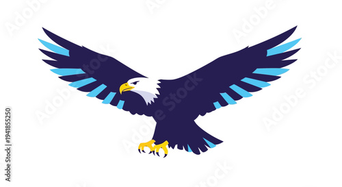 A majestic bald eagle soars with wings fully extended and spread