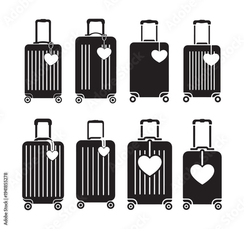Eight black silhouette icons depicting travel suitcases or luggage bags with heart charms