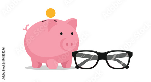 A shiny gold coin drops into the slot of a smooth pink ceramic piggy bank positioned beside a pair of black-framed eyeglasses with clear lenses on a white background.