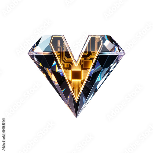 bespoke crystal letter v icon with gold microchip circuit transparent png