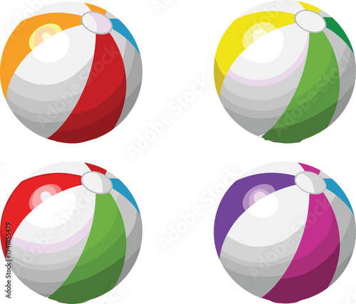 Colorful beach balls vector set, inflatable summer pool toys with bright stripes, glossy beach ball collection isolated for vacation design