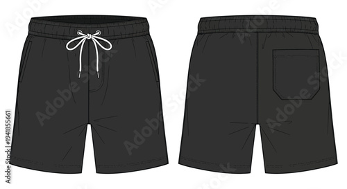 Black athletic shorts technical illustration front and back views shown