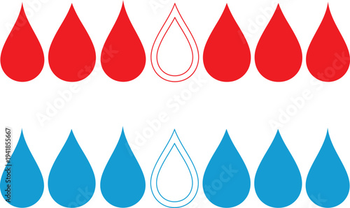 A graphic illustration of red and blue water droplets on a white background with one white droplet in each row
