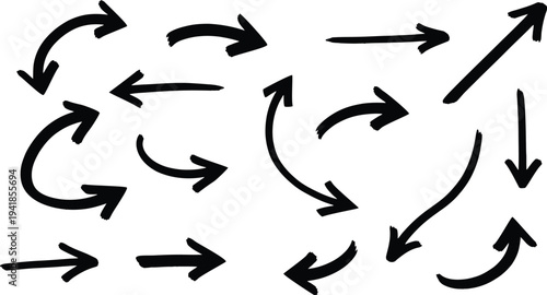 A complex arrangement of black arrows on a white background