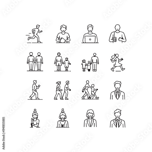 Line art icons depicting various people and their daily activities