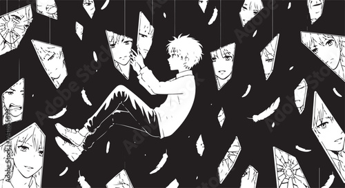 Vector illustration of a man surrounded by multiple faces