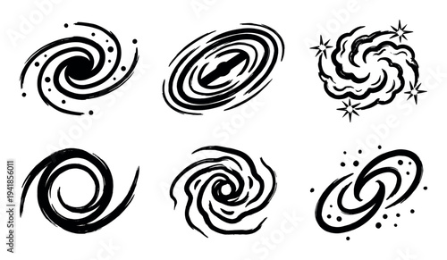 Six black hand-drawn galaxy icons in a minimalist brush stroke style, featuring various abstract spiral, nebula, and cosmic shapes for creative graphic design projects