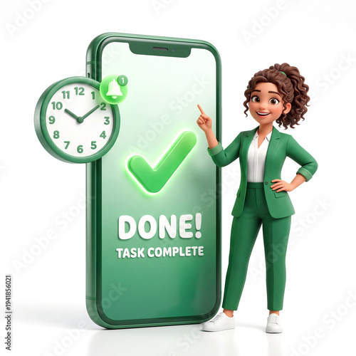 Wallpaper Mural Task Completed Notification on Mobile App with Businesswoman 3D Illustration Torontodigital.ca