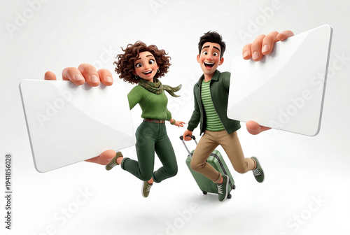 Wallpaper Mural Happy Traveling Couple Holding Blank Banner Boards 3D Cartoon Characters Torontodigital.ca