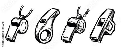 Set of four hand-drawn sports whistles in a graphic black ink sketch style, showing different designs for a coach, referee, or physical education teacher