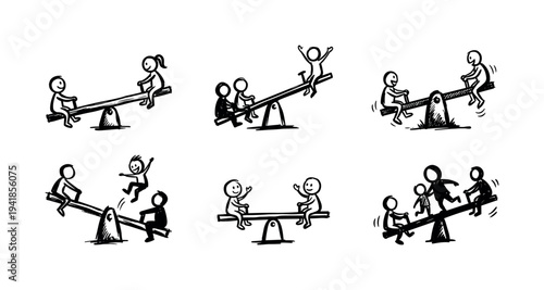 Set of hand-drawn stick figures playing on seesaws in various states of balance and imbalance, illustrating concepts of partnership, teamwork, and comparison in a simple sketch style
