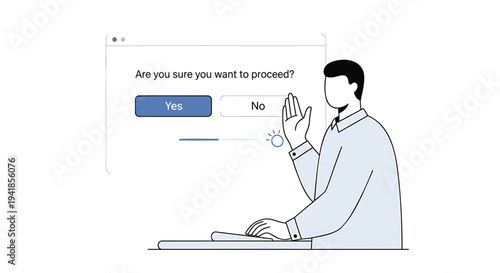 Vector illustration of man hesitating at computer with confirmation dialog box