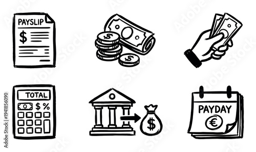 Set of six hand-drawn finance icons showing a payslip, money, calculator, bank deposit, and payday calendar in a simple black and white doodle style illustration