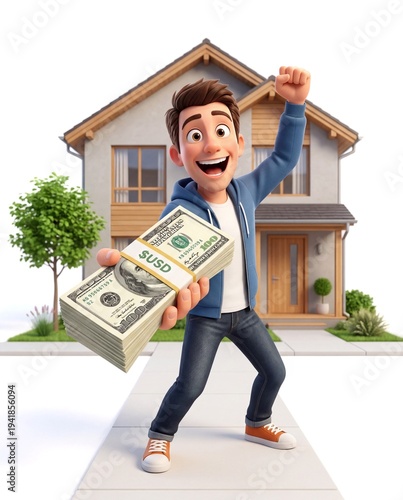 Wallpaper Mural Happy Homeowner Holding Cash in Front of New House 3D Cartoon Character Torontodigital.ca