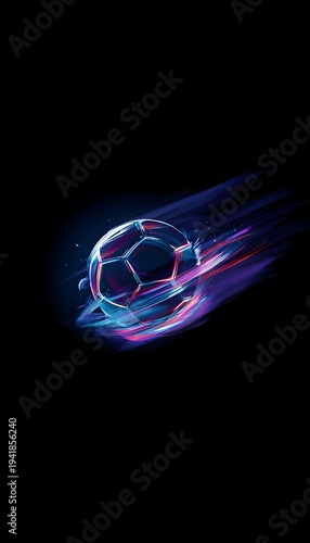 Futuristic soccer ball glows with motion a vibrant illustration of speed and modern digital design