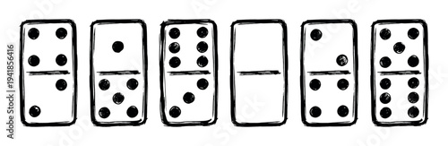Six hand-drawn black and white domino tiles are arranged in a horizontal row, featuring various dot combinations and a double blank, rendered in a playful, sketchy doodle style