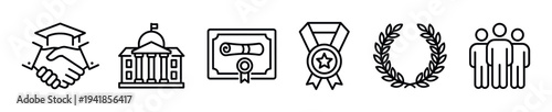 Set of black line icons representing education and achievement, including a graduation cap, university building, diploma, medal, laurel wreath, and a team symbol