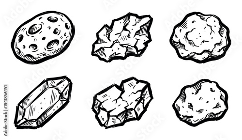 Set of various hand-drawn space rocks, asteroids, meteorites, and a faceted crystal, illustrated in a rough black and white comic book sketch art style