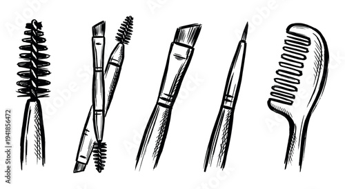 Set of black and white eyebrow grooming tools including a spoolie, angled brush, and comb in a hand-drawn sketch style illustration for beauty and cosmetic concepts