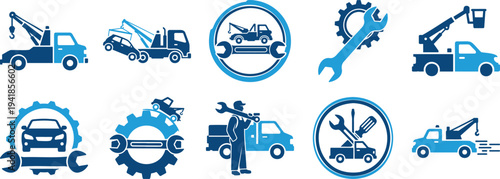 Tow truck service icon set with vehicle repair mechanic wrench roadside assistance symbol