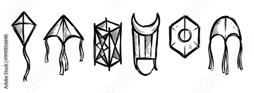 Set of hand-drawn black ink kites of various shapes and sizes, including diamond, box, and delta designs, depicted in a simple, sketchy doodle style for creative projects