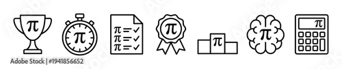 Set of seven black outline icons for Pi Day, illustrating concepts of mathematical competition, knowledge, and calculation in a minimalist style