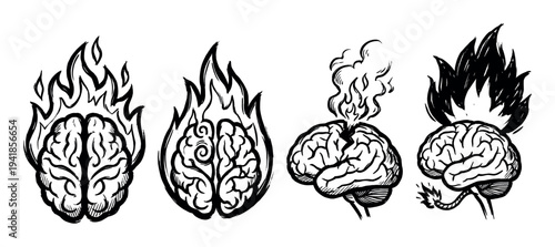 Set of four hand-drawn brains on fire and smoking, a powerful graphic illustration representing burnout, intense creativity, stress, and mental overload in a sketch style