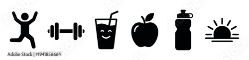 Set of black healthy lifestyle icons showing a running person, dumbbell, smoothie, apple, water bottle, and sunrise, symbolizing fitness, diet, and a daily wellness routine