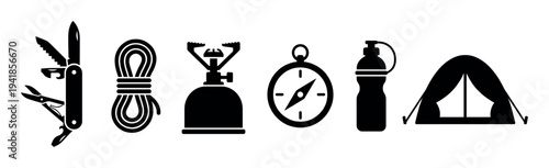 Set of black camping and hiking icons featuring a multi-tool knife, rope, portable stove, compass, water bottle, and tent in a minimalist graphic style for adventure concepts