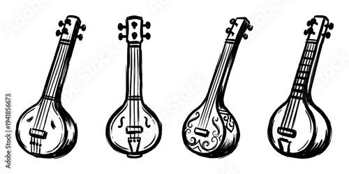Four traditional Indian stringed musical instruments hand-drawn in a bold black ink brushstroke style, showing a collection of sitar and sarod illustrations with unique designs