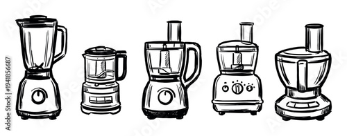 Set of five hand-drawn kitchen appliances, including a blender and various food processors, rendered in a bold black ink sketch style with expressive, graphic line work