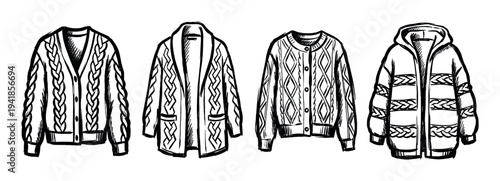 Four distinct hand-drawn knitted cardigans with various patterns are depicted in a charming black and white sketch style, showcasing cozy winter fashion