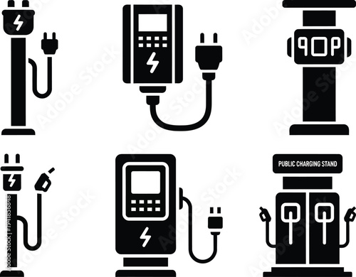 Electric Vehicle Charging Station Vector Icons with Plugs and Stands for Public Use and EV Infrastructure