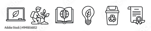 Set of six environmental line icons depicts various aspects of sustainability, education, and ecological responsibility in a clean, modern outline style