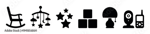 Set of black baby nursery icons including a rocking chair, crib mobile, stars, blocks, lamp, and baby monitor in a simple graphic silhouette style for childcare themes