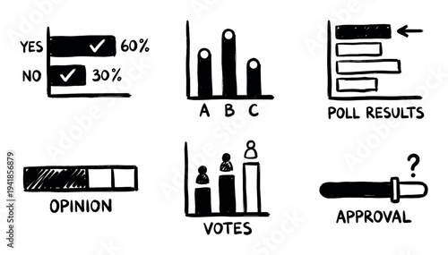 Hand-drawn black and white doodle icons showing various poll results, voting statistics, opinion surveys, and approval ratings in a simple, sketchy infographic style collection