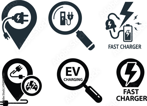 Vector icons of electric vehicle fast charging points. Collection features EV plugs, battery, search magnifier, and location pin symbols for sustainable energy infrastructure