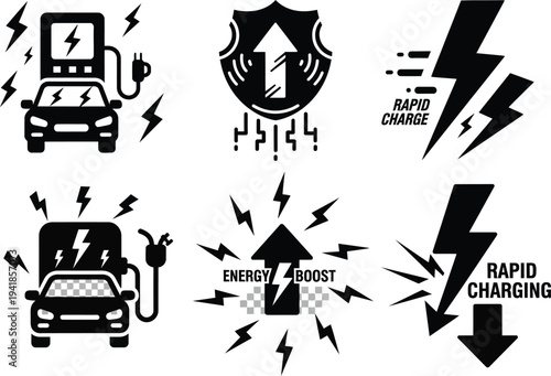 Electric vehicle fast charging station icons for rapid energy boost and modern transport solutions