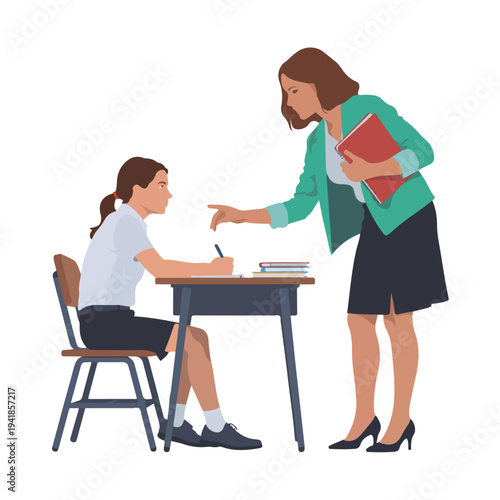 A teacher helping a student with her schoolwork at a desk in a classroom setting