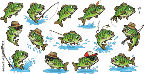 Collection of largemouth bass fish being reeled in on fishing lines