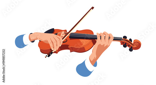 Two human hands with blue shirt cuffs skillfully play a brown wooden violin with a bow against a clean white background.