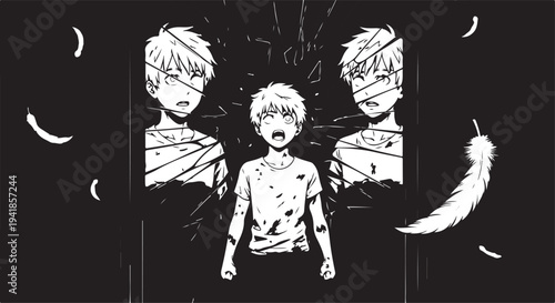 Vector illustration of a screaming man surrounded by ghostly duplicates