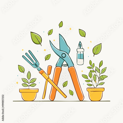 Gardening Tools and Potted Plants Illustration.