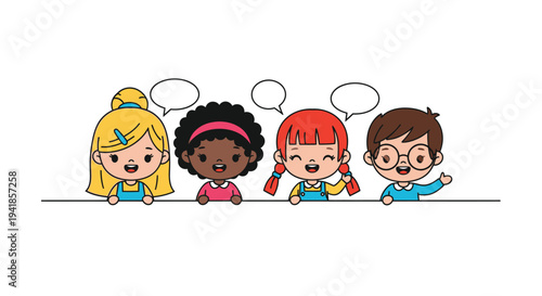 Four diverse children with speech bubbles stand side by side